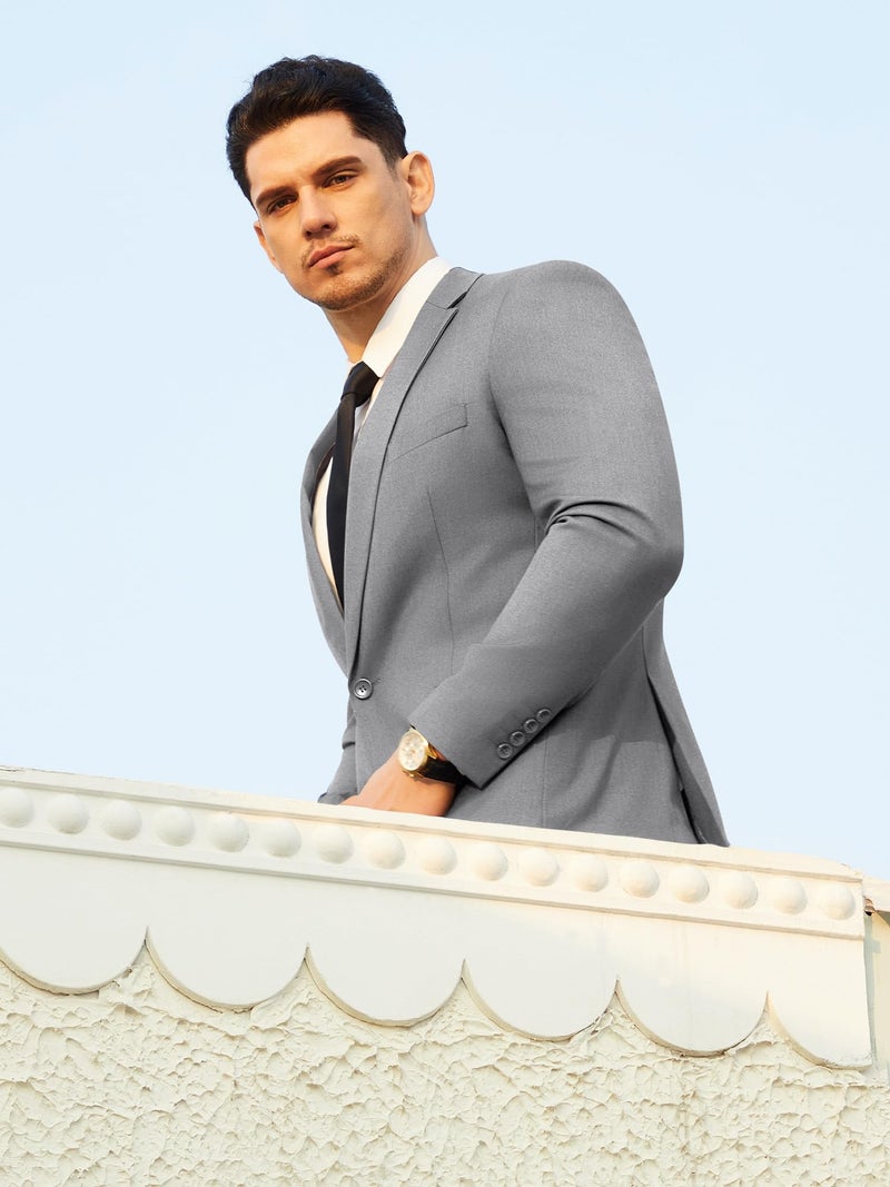 WEEN CHARM بدلة WEEN CHARM للرجال بتصميم نحيف 2 قطعة بدلة زفاف توكسيدو زر واحد حفلة ترويجية سترة صلبة وسروال مجموعة رمادي فاتح - Image 4